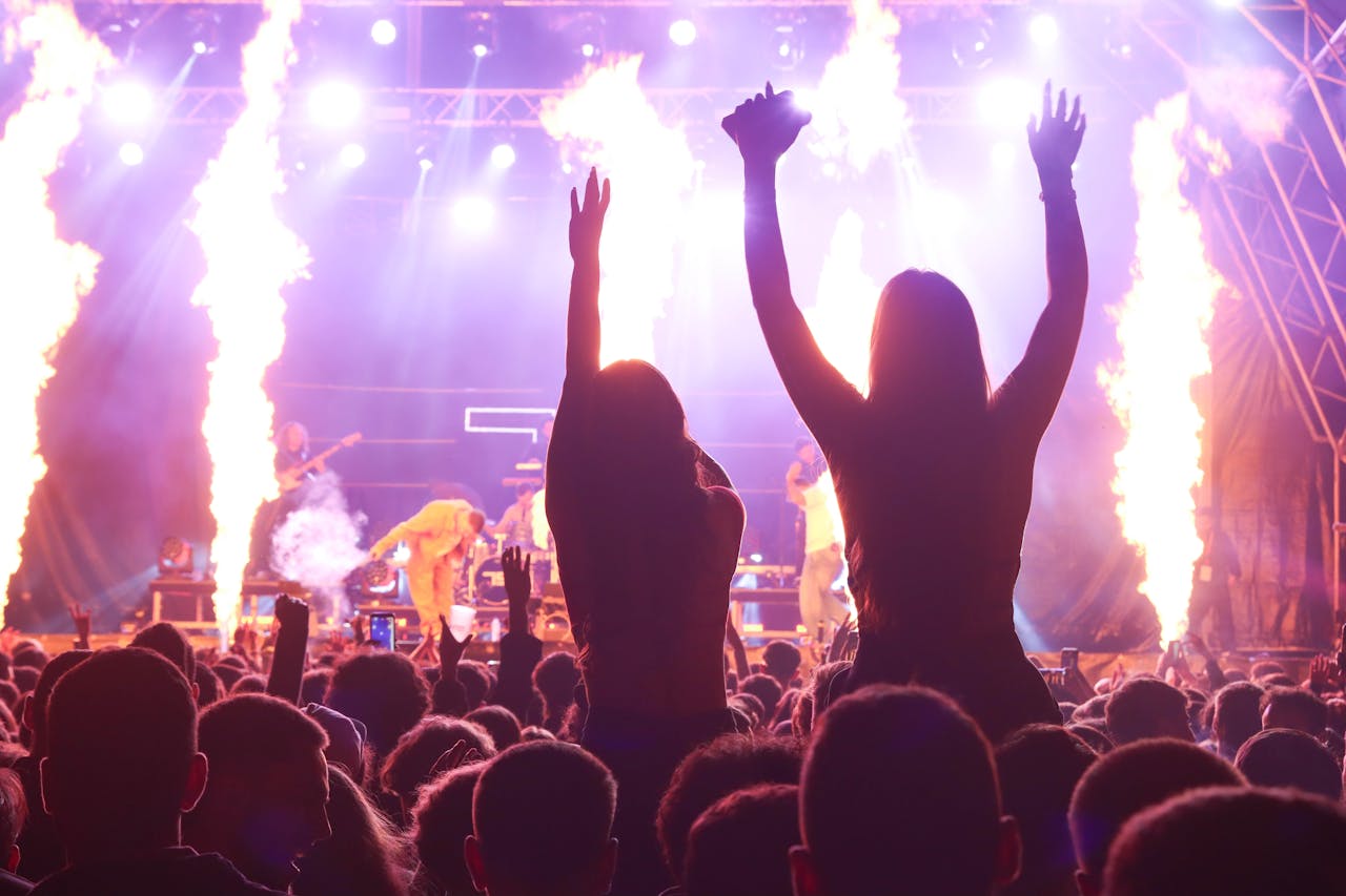 Home Lively concert crowd against a dazzling stage with fire effects, capturing the energy of live music.